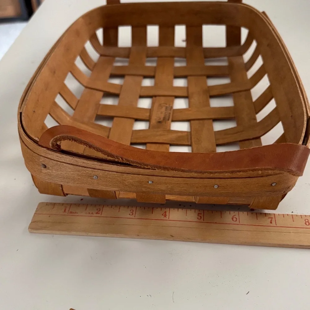 Workshops of Gerald E Henn Woven Wood Basket Leather Handles Rectangular Tray